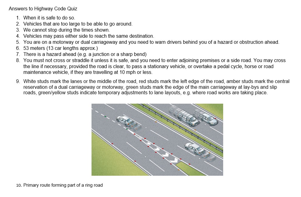 Answers to Highway Code quiz