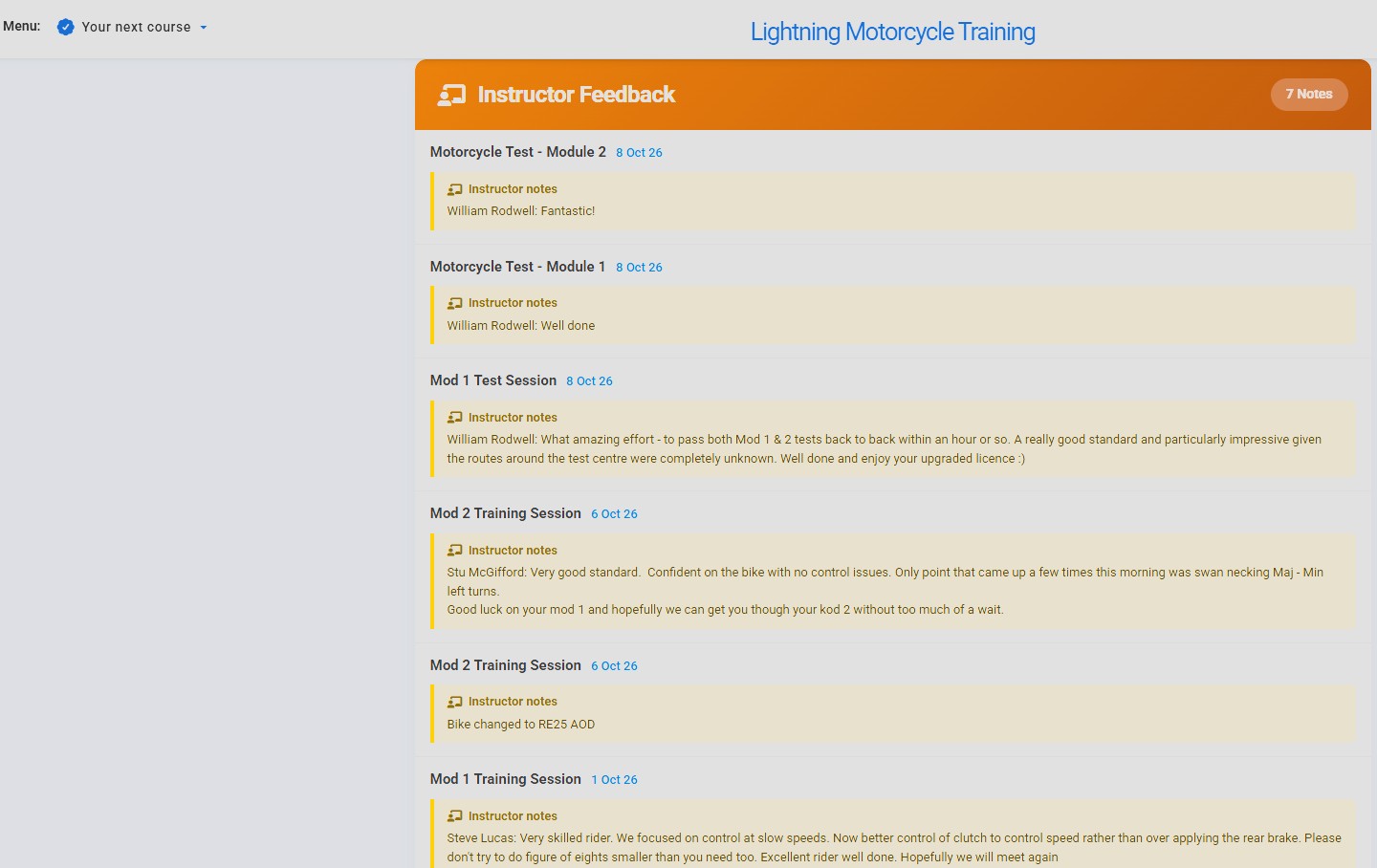 Motorcycle training instructor feedback